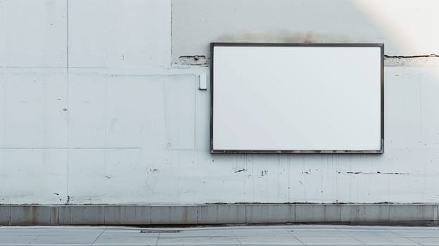 A blank advertising board is prominently mounted on a weathered urban wall. The setting is illuminated by bright afternoon light, showcasing the contrast between the smooth frame of the board and the rough, textured surface of the wall.