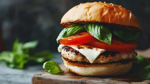 A grilled chicken sandwich features layers of juicy chicken breast, ripe tomato slices, and fragrant basil leaves, all nestled in a soft bun on a rustic wooden surface.