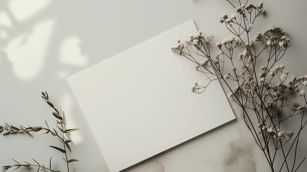 A blank white canvas lies on a light-colored surface, bordered by delicate dried flowers and soft greenery. The natural arrangement highlights the simplicity and elegance of the scene, inviting creativity.