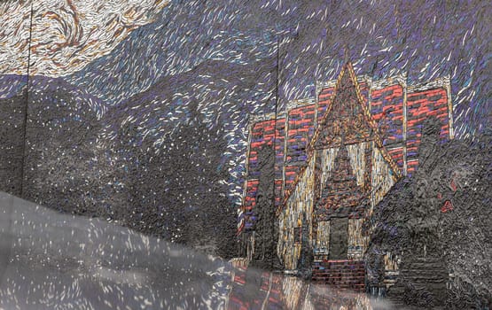 The walls are decorated with colorful Stained glass scraps mosaic in the shape of thai temple with reflections. Scraps glass texture background, Creativity, art and design, Space for text, Selective focus.