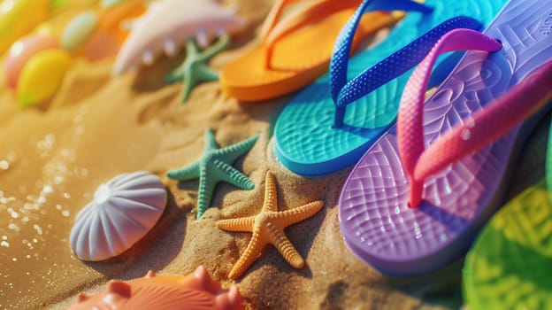 Brightly colored flip flops in vibrant hues are placed on golden sand, surrounded by a variety of seashells and starfish. The sun casts a warm glow, enhancing the cheerful beach atmosphere.