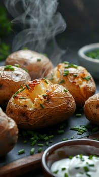 A close-up of steaming hot baked potatoes topped with melting cheese and freshly chopped chives, presented on a slate board