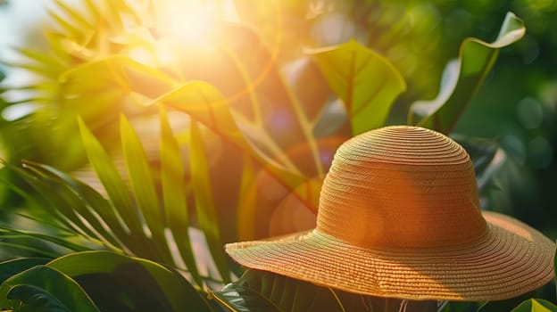 A beautifully woven straw hat is positioned gently among vibrant green foliage, basking in the warm afternoon sunlight. The light filters through the leaves, creating an inviting and serene atmosphere.