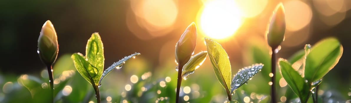 A beautiful yellow flower stands tall in a field, illuminated by the soft glow of early morning light. Dewdrops cover the surrounding grass and plants, creating a fresh and serene atmosphere