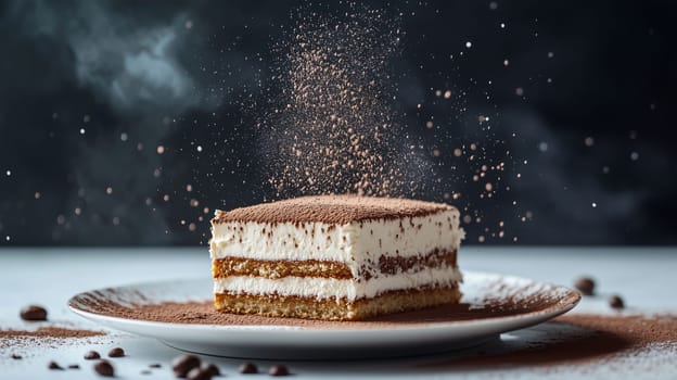 A beautifully presented layered dessert sits on a plate, showcasing its fluffy cream and cocoa dusting. The backdrop adds a dramatic touch, enhancing the dessert's appeal.