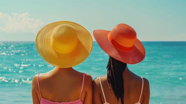 Two friends stand side by side on a sunny beach, gazing out at the clear blue ocean. Wearing vibrant straw hats, they enjoy the warm weather and the gentle sound of waves. The bright sunlight reflects off the water, creating a serene atmosphere.