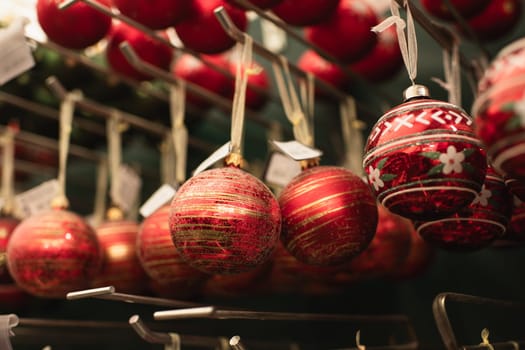 Red christmas decorations balls for the Christmas tree are sold in the store