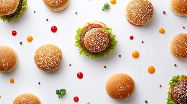 Sesame seed buns circle a hamburger filled with fresh ingredients and sauces on a clean white background.