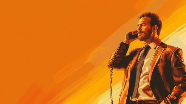 A businessman in a sharp suit communicates on the phone, showcasing focus and determination. The bright orange background adds energy to the professional atmosphere. His confident demeanor suggests he is involved in an important conversation, possibly negotiating or coordinating business matters.