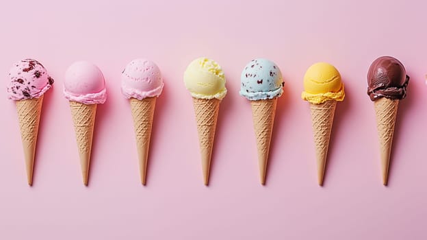 Seven ice cream cones featuring various flavors set against a smooth pink backdrop.
