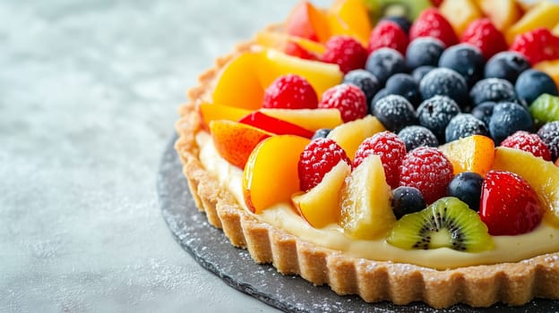 A delightful fruit tart features a buttery crust filled with creamy custard and topped with vibrant seasonal fruits like berries and kiwi, perfect for summer celebrations.