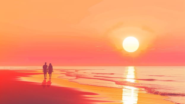 A couple strolls hand in hand along a tranquil beach as the sun sets on the horizon. The sky is painted in vibrant shades of orange and pink, creating an enchanting backdrop. Gentle waves lap at their feet, reflecting the warm colors of the sunset.