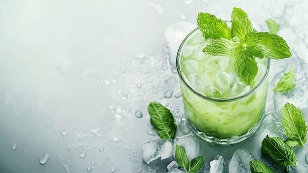 A vibrant cocktail features fresh mint leaves resting atop ice cubes in a glass, creating a refreshing drink perfect for a warm summer afternoon in a relaxed setting.