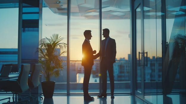 Two business leaders shake hands in a modern office, silhouetted against the backdrop of a stunning sunset. The atmosphere conveys a sense of partnership and collaboration in a professional setting.