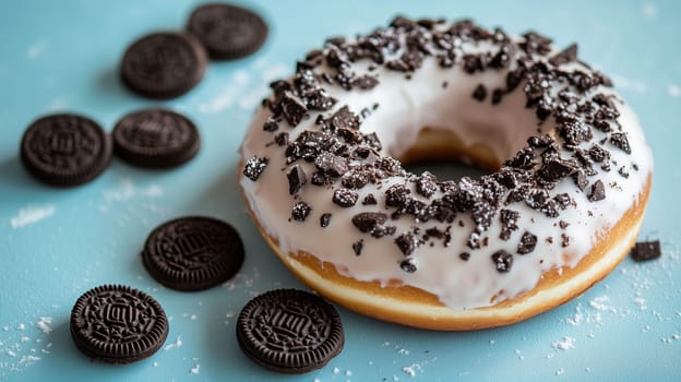 A tempting donut is decorated with a creamy glaze and sprinkled with crushed cookies, surrounded by whole cookies on a light blue background, creating a delightful dessert setting.