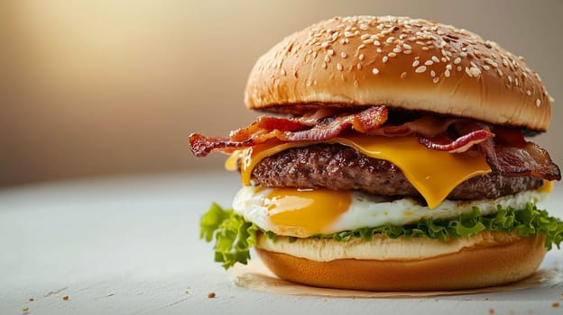 A delicious burger stacked with bacon, melted cheese, a fried egg, and fresh lettuce nestled in a sesame seed bun.