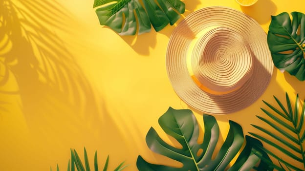 A vibrant yellow backdrop is adorned with fresh tropical leaves and a stylish straw hat positioned artfully. The warm natural light enhances the colors, creating a cheerful atmosphere perfect for summer vibes and leisure activities.