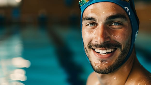 A male swimmer wearing a swim cap and goggles smiles broadly, showcasing a sense of achievement. Water droplets glisten on his skin as he stands by the pool edge, demonstrating a relaxed but focused demeanor amidst his training environment.