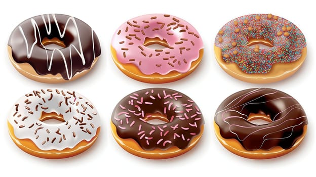 This delightful arrangement features a variety of donuts showcasing different flavors and toppings, including chocolate glaze, pink icing, and colorful sprinkles. Perfect for satisfying a sweet tooth at any time of day, these treats are visually appealing and mouth-watering.