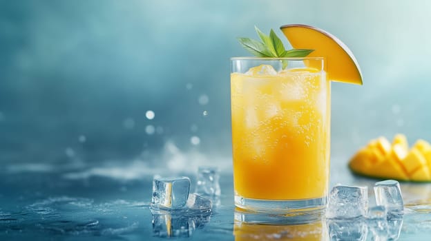 A vibrant mango cocktail is presented in a clear glass filled with ice, garnished with a fresh mango slice and mint, set against a cool blue backdrop that enhances its brightness.