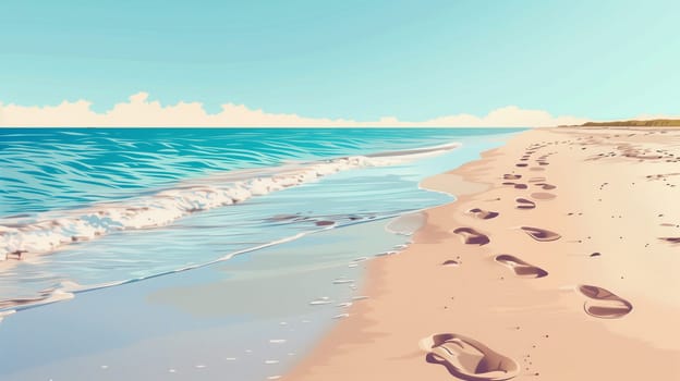 The shoreline features gentle waves lapping against the sandy beach, where footprints lead from the water's edge towards the horizon. Sunshine illuminates the serene landscape, creating a peaceful atmosphere perfect for relaxation.