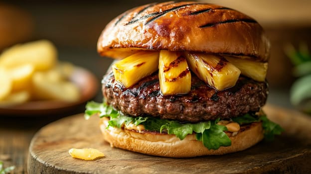 A grilled hamburger topped with caramelized pineapple and fresh lettuce placed on a rustic wooden board, highlighting vibrant colors and textures.