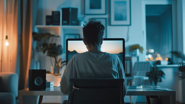 A person wearing casual attire sits at a desk, focused on a computer screen during a virtual meeting in a dimly lit home environment.