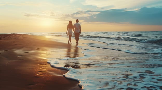 A romantic moment unfolds as a couple walks hand in hand along a sandy beach during sunset. The golden hues of the sky blend with the deepening blues while gentle waves lap at their feet, creating a serene and picturesque atmosphere.