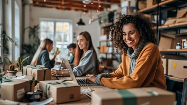 Staff members at a small business efficiently prepare online orders for shipment while working in a comfortable and inviting workspace filled with packaging materials.