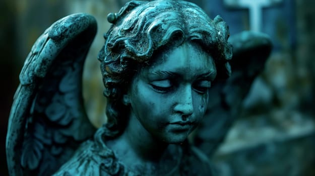 An angel statue with blue patina gazes downward, surrounded by faded gravestones in a tranquil cemetery, reflecting themes of remembrance and peace - Generative AI