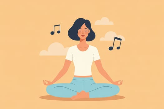 Girl sits in yoga pose and meditates to music