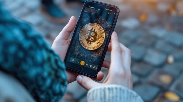 A person uses a smartphone to show a Bitcoin image while standing on a cobblestone street as the sun sets, creating a warm atmosphere - Generative AI