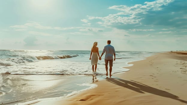 A couple walks hand-in-hand along the shoreline as the sun sets, casting a warm glow over the ocean waves. The tranquil atmosphere enhances their connection, with footprints in the wet sand marking their path.