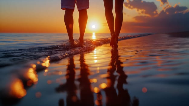 A couple strolls barefoot along a quiet beach as the sun sets on the horizon, casting a warm glow over the water and creating a serene atmosphere - Generative AI