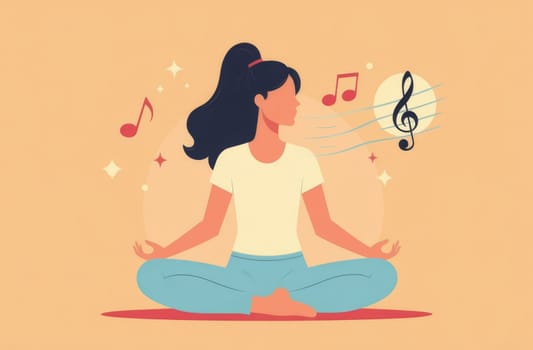 Girl sits in yoga pose and meditates to music