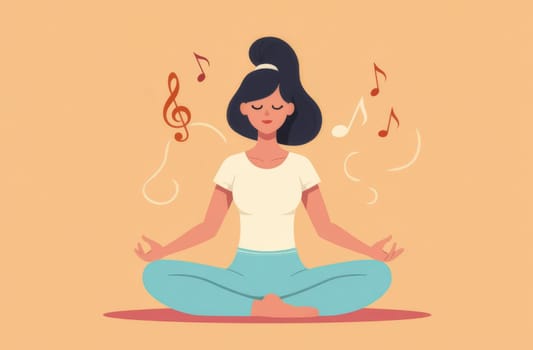 Girl sits in yoga pose and meditates to music