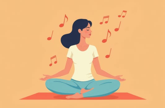 Girl sits in yoga pose and meditates to music