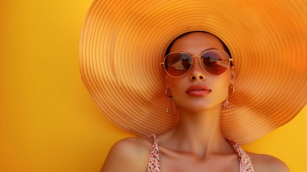 A fashionable woman poses confidently in a vibrant setting, donning a wide-brimmed sun hat and chic sunglasses. The bright yellow backdrop enhances her relaxed yet stylish look, showcasing her summer attire and radiant smile.