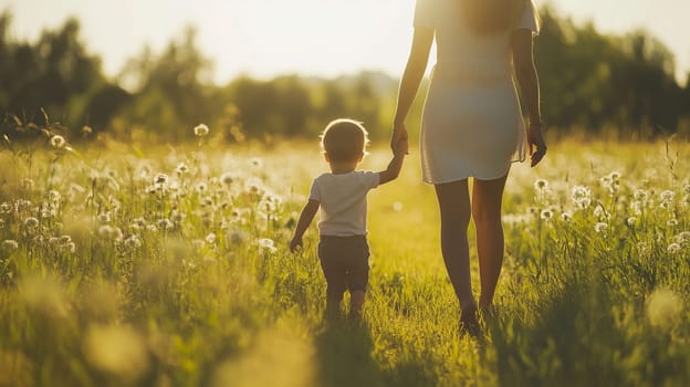 A mother and her young child stroll together in a vibrant field filled with dandelions, enjoying the warm sunlight.