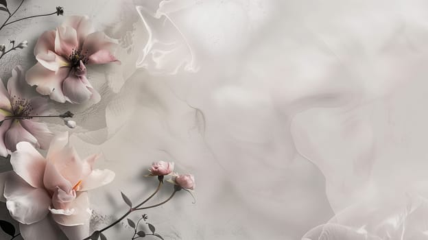 Delicate flowers in soft hues of pink and white are beautifully arranged against a gentle white backdrop. The floral display creates an atmosphere of tranquility and grace, inviting viewers to appreciate nature's artistry.