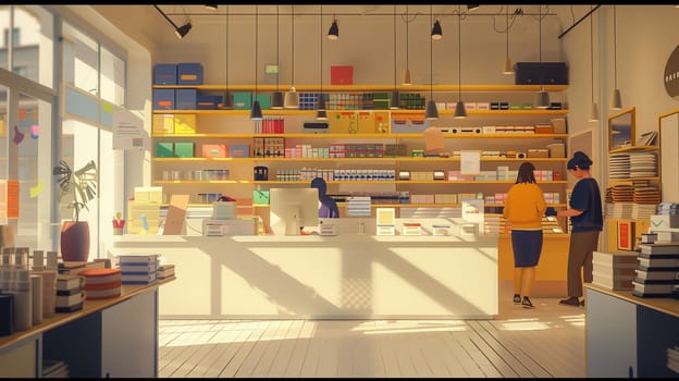 Two employees assist customers in a well-lit retail shop filled with colorful merchandise, creating a welcoming and vibrant atmosphere for shoppers to explore.