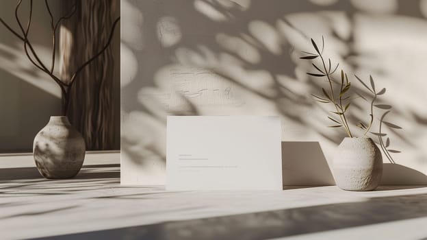 Soft sunlight filters through, creating intricate shadows on a smooth surface. Two minimalist vases house delicate plant stems, enhancing the tranquil ambiance of the modern interior design.