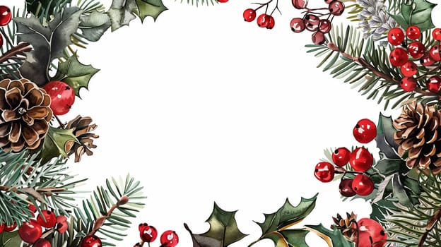 This decorative arrangement features an elegant frame made of pine cones, vibrant red berries, and lush greenery, creating a warm, festive atmosphere. Ideal for holiday greetings, the composition captures the essence of winter celebrations and evokes feelings of joy and togetherness.