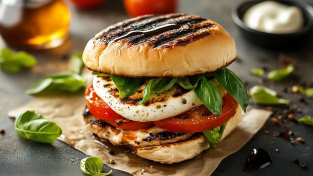 A mouthwatering grilled chicken sandwich layered with fresh mozzarella, juicy tomato slices, and vibrant basil leaves, garnished with a drizzle of balsamic glaze on a rustic wooden surface.