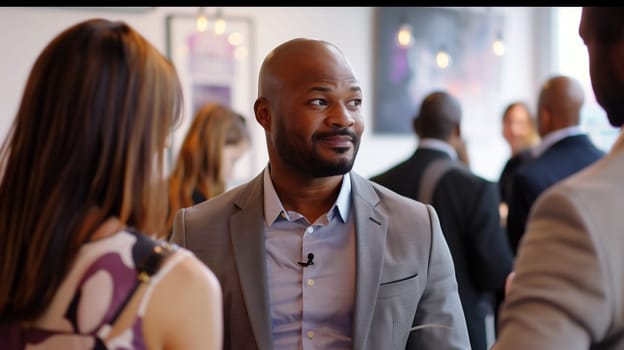 A group of diverse business professionals network and engage with one another at a contemporary venue, fostering connections and building relationships during the event.