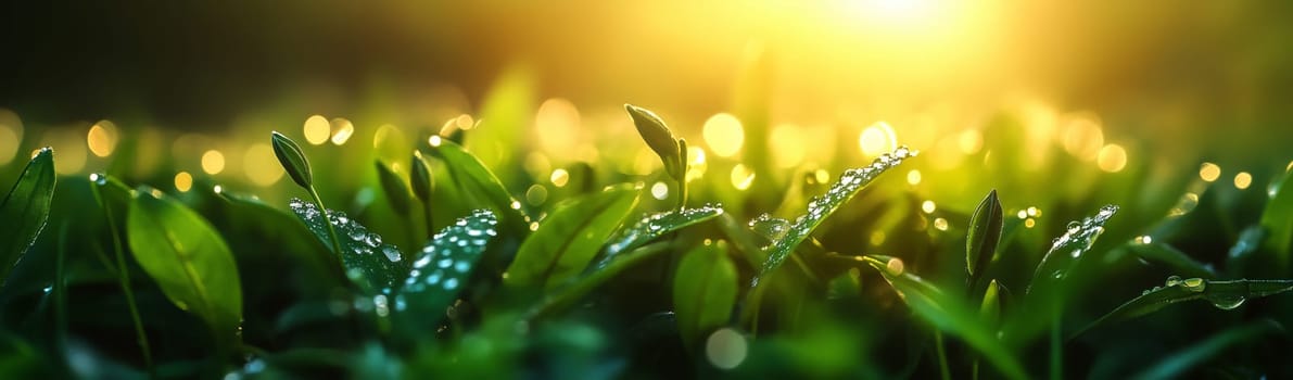 A beautiful yellow flower stands tall in a field, illuminated by the soft glow of early morning light. Dewdrops cover the surrounding grass and plants, creating a fresh and serene atmosphere