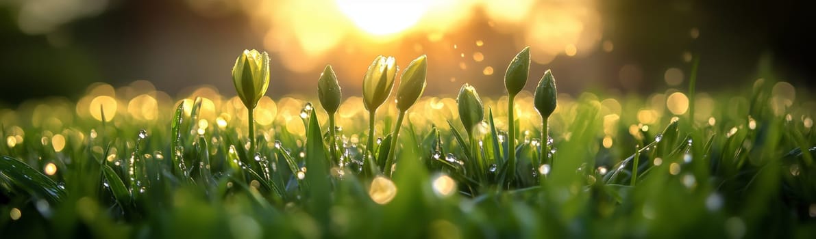 A beautiful yellow flower stands tall in a field, illuminated by the soft glow of early morning light. Dewdrops cover the surrounding grass and plants, creating a fresh and serene atmosphere
