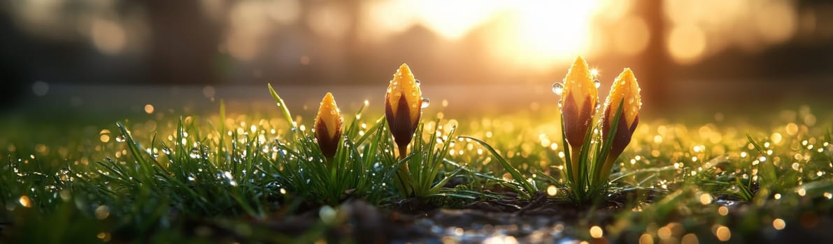 A beautiful yellow flower stands tall in a field, illuminated by the soft glow of early morning light. Dewdrops cover the surrounding grass and plants, creating a fresh and serene atmosphere