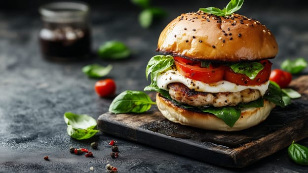 A delicious gourmet burger showcases a chicken patty layered with fresh tomatoes, mozzarella, and basil, presented on a rustic wooden board in a contemporary kitchen.