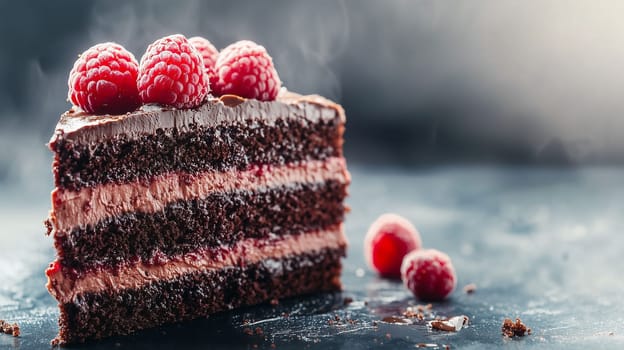 A rich chocolate cake showcases multiple layers filled with raspberry cream, elegantly topped with fresh raspberries. The soft lighting enhances the dessert's inviting appeal.